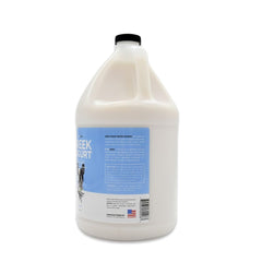 Bark2Basics Vanilla Greek Yogurt Dog Shampoo label close-up highlighting protein-based care for fur.