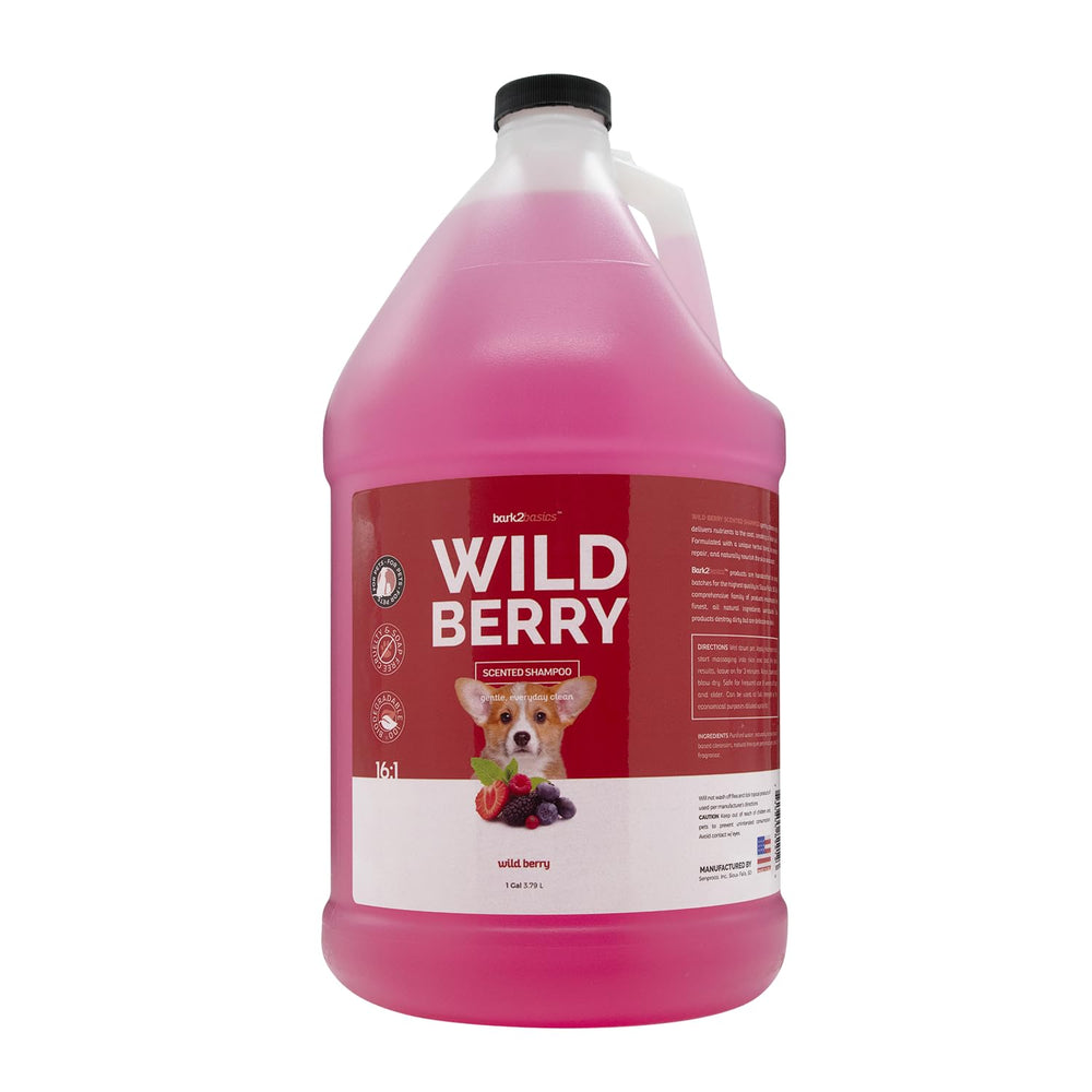 Bark2Basics Wild Berry Dog Shampoo bottle shows gentle cleansing for sensitive skin.