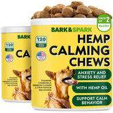 BARK&SPARK calming hemp treats packaging demonstrates stress-support for dogs.