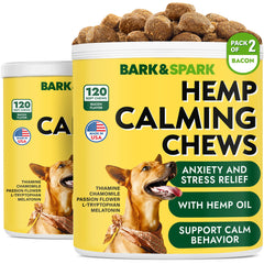 BARK&SPARK calming hemp treats packaging demonstrates stress-support for dogs.