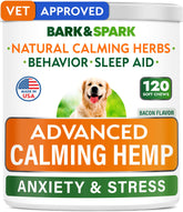 BARK&SPARK Advanced Calming Chews tub front demonstrates the calming formula for anxious dogs.