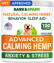 BARK&SPARK Advanced Calming Chews tub front demonstrates the calming formula for anxious dogs.