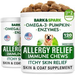 BARK&SPARK dog allergy chews bottle front label showing bacon flavor for paw relief