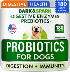 BARK&SPARK dog probiotics digestive enzymes 180ct bottle supports gut health and immune vitality.