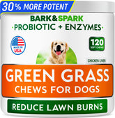 BARK&SPARK Green Grass Chews bottle closeup showing lawn-protecting formula