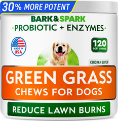 BARK&SPARK Green Grass Chews bottle closeup showing lawn-protecting formula