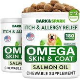 BARK&SPARK Omega 3 dog treats bottle closeup highlighting skin and coat health