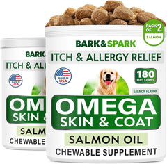 BARK&SPARK Omega 3 dog treats bottle closeup highlighting skin and coat health