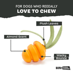 Barkbox carrot small dog toy with three plush leaves for tug games