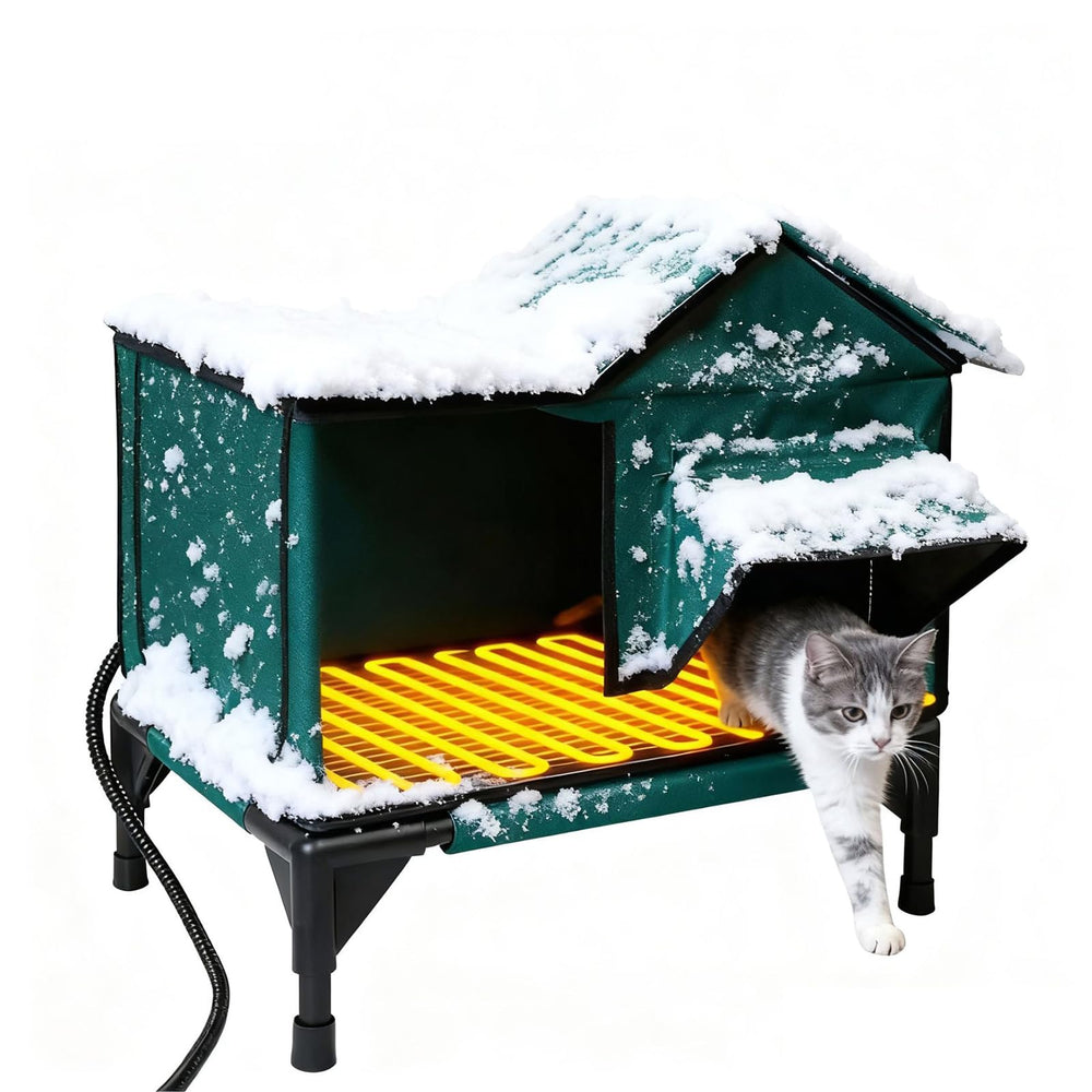 BarkBuddy heated cat house exterior green shows weatherproof shelter for outdoor cats