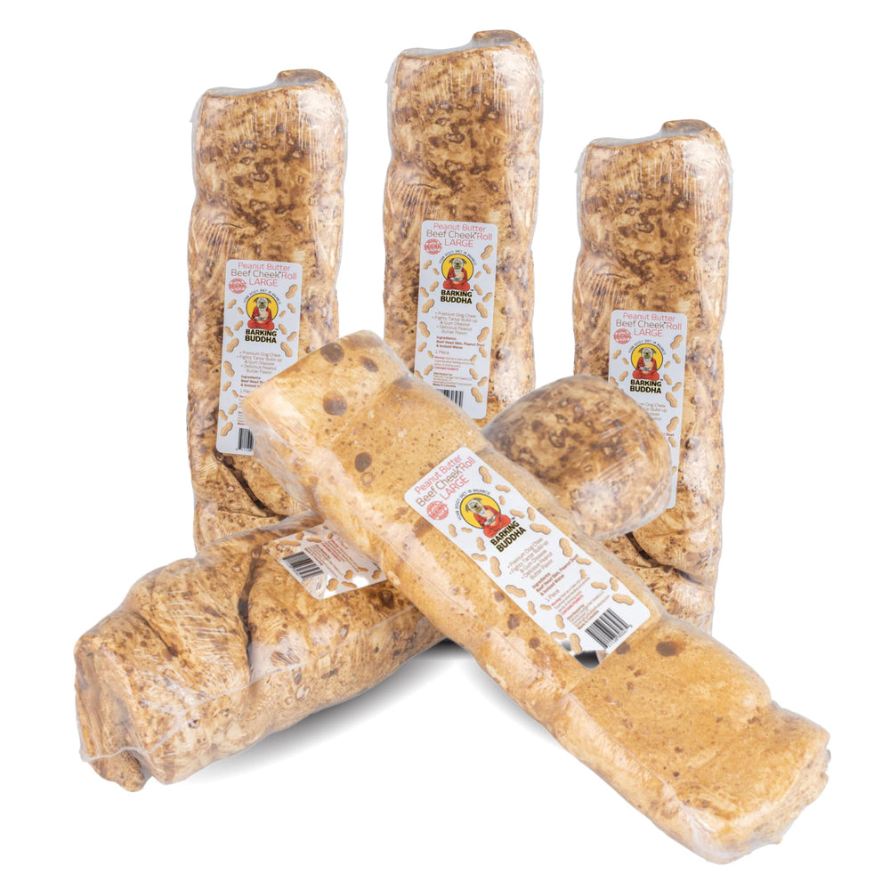 Barking Buddha Beef Cheek Rolls 5-pack front view, long-lasting chew for dogs