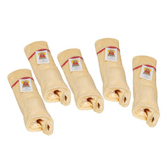 Barking Buddha beef cheek rolls packaging shows a 5-pack, convenient rawhide alternative.