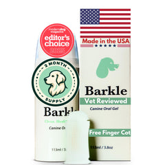 Barkle teeth-cleaning gel packaging for vet-approved dog dental care