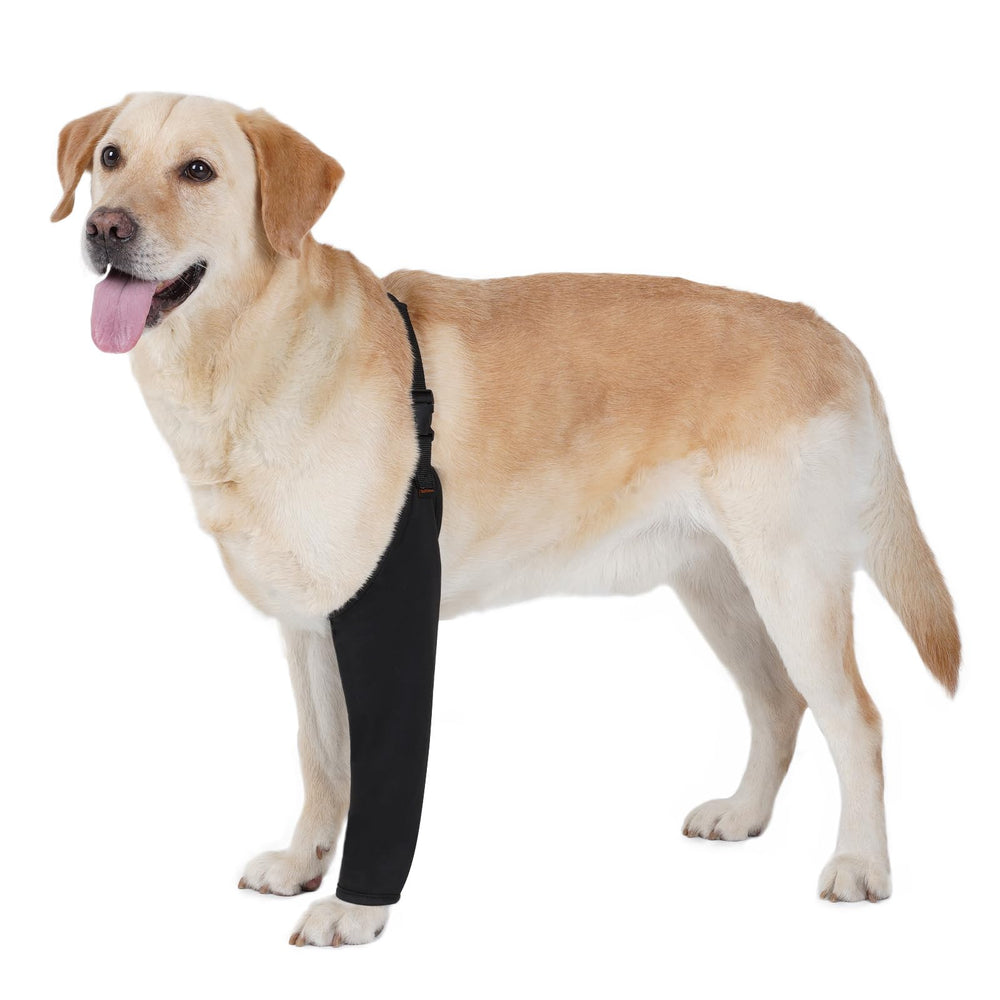 BARKLESS front-leg sleeve closeup showing secure bandage protection and soft fabric.
