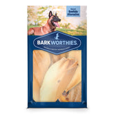 Barkworthies Whole Cow Ears 12-count closeup shows a natural dental-friendly chew.