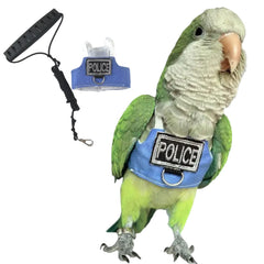 Barn Eleven bird flight harness vest shown on parrot for secure outdoor flights.