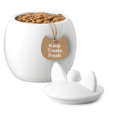 Barnyard Designs cat treat container front view shows rustic ceramic jar for fresh treats.