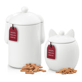 Barnyard Designs cat treat container jar on kitchen counter keeps treats fresh.