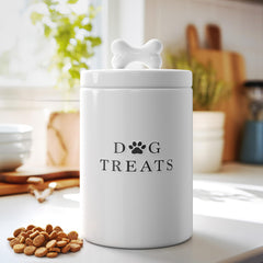 Barnyard Designs dog treat container lid with bone shaped handle for easy access