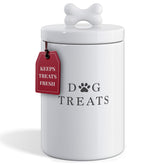 Barnyard Designs large dog treat container with airtight white lid on the counter for fresh treats