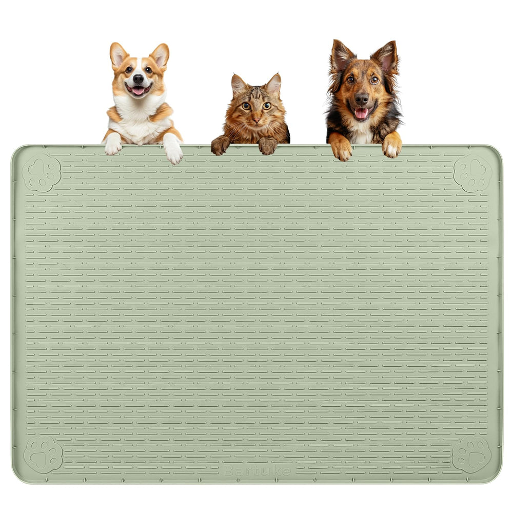 Bartuke dog food mat top view in green, large 40x28 for multiple bowls