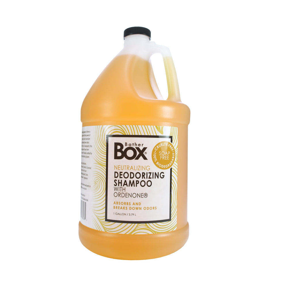 BatherBox deodorizing shampoo bottle; powerful odor control for deep cleaning.