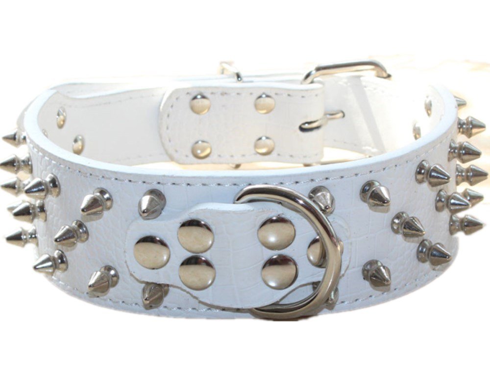 Bbmmayy leather dog collar with spikes, front view, durable protection during walks.
