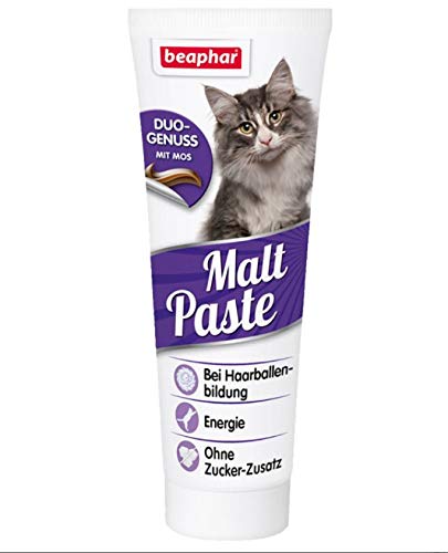 Beaphar malt paste tube closeup showing smooth texture for easy hairball support.