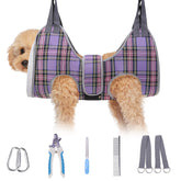 BeautyZoo dog grooming hammock backstrap closeup shows secure fastening for calm trims.