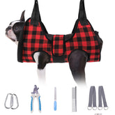 BEAUTYZOO dog grooming hammock harness buffalo plaid for safe, at-home nail trimming.
