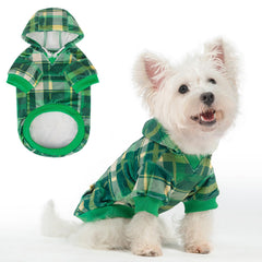 Beautyzoo dog hoodie plaid front view shows ultra-soft fleece for cozy wear.
