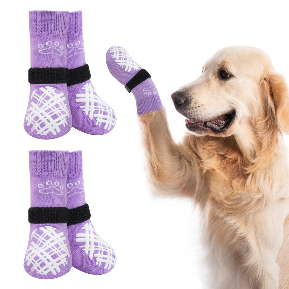 BEAUTYZOO dog socks non-slip traction for secure grip on hardwood floors.