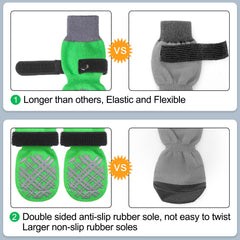 BEAUTYZOO dog socks worn on dog on wood floor reducing slipping and noise.