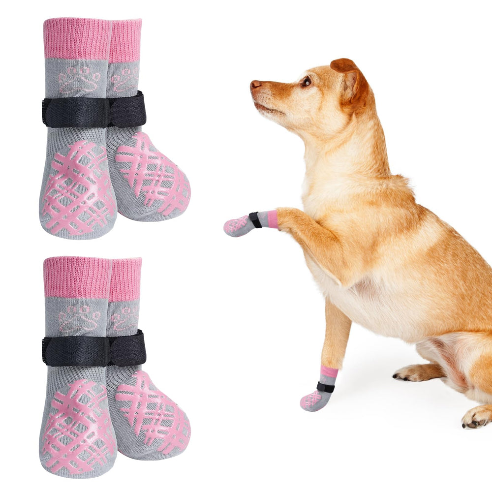 BEAUTYZOO dog socks pack, front view, four knit paw coverings for grip and protection.