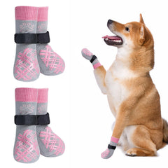 Beautyzoo dog-socks-pack-wear show cozy knit fabric protecting paws on hardwood floors.