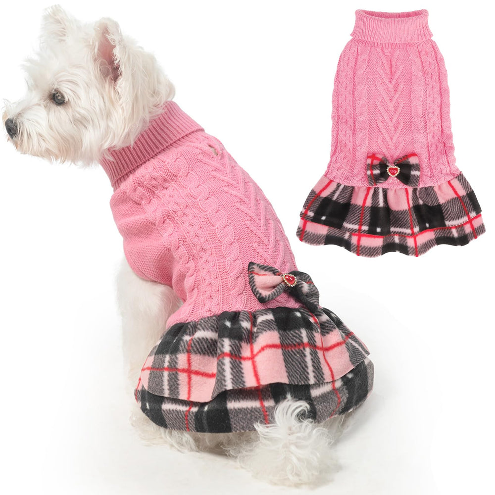 Beautyzoo girl dog sweater dress pink front view shows cozy cable knit warmth.