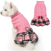 Beautyzoo girl dog sweater dress pink front view shows cozy cable knit warmth.
