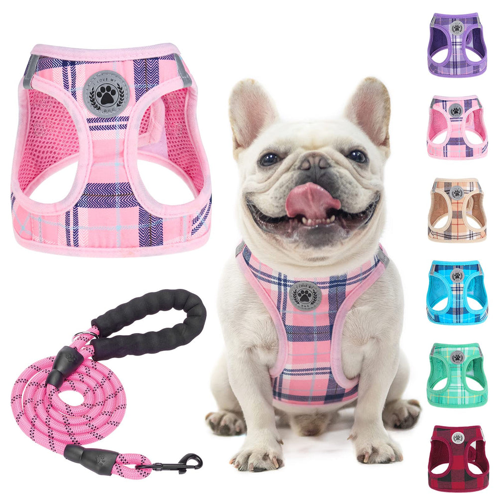 BEAUTYZOO small dog harness plaid pink close-up highlights breathable mesh for comfort.