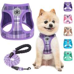 BEAUTYZOO small dog harness plaid purple front view for comfortable everyday wear