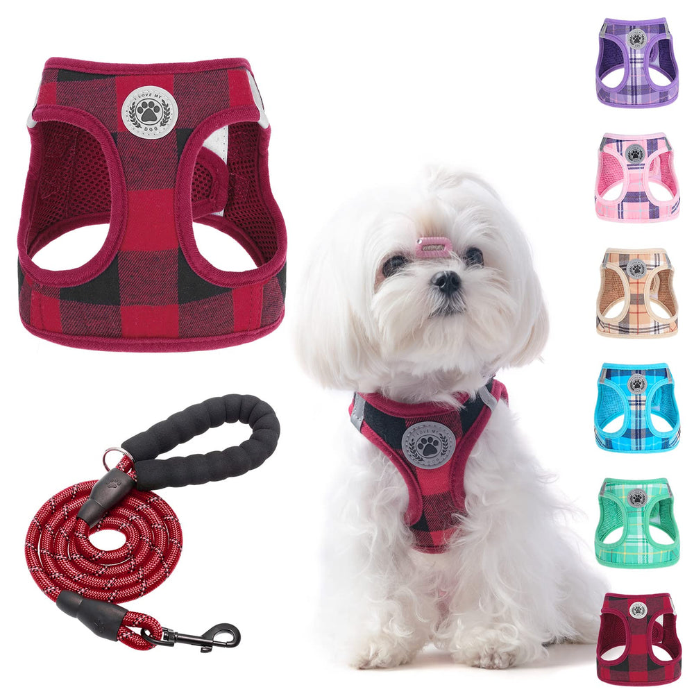 BEAUTYZOO small dog harness plaid side view shows comfortable fit for daily walks.