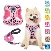 BEAUTYZOO step-in leopard pink harness front view shows easy on/off and comfy fit