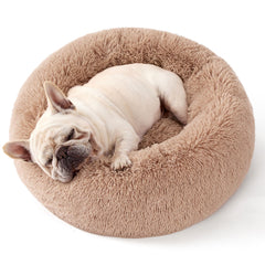 Bedsure calming dog bed in camel round shape for cozy naps.