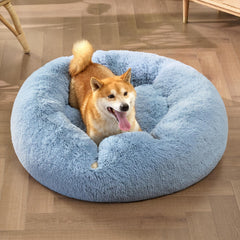 Bedsure calming dog bed light blue fabric blends with home decor for serene naps.