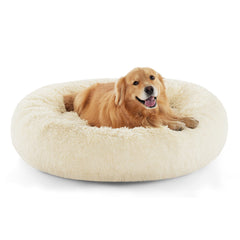 Bedsure calming dog bed round outer view shows plush faux fur for curling up