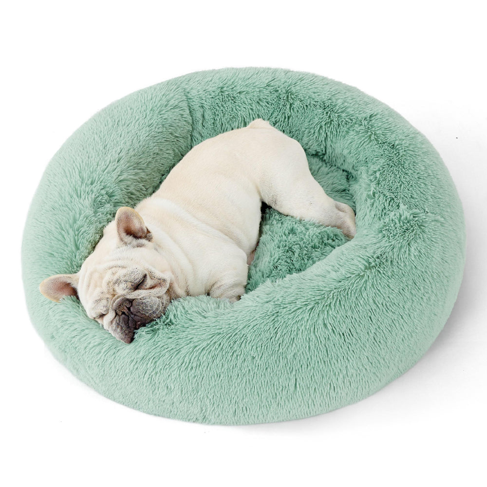 Bedsure calming donut bed apple green front view shows plush faux fur for cozy curling