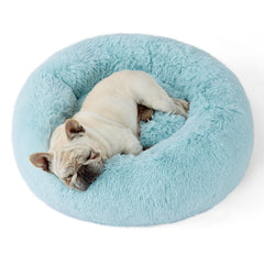 Bedsure calming donut dog bed in aqua, perfect for curling up and restful naps.