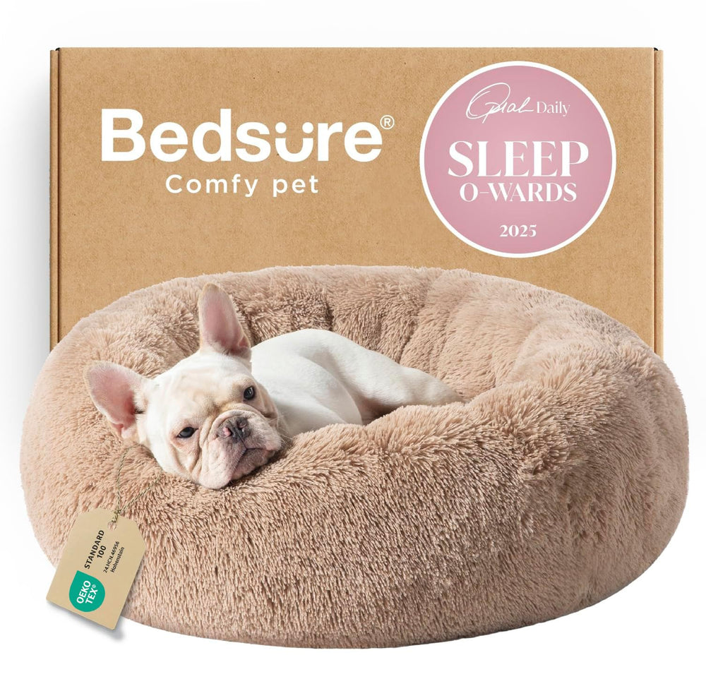 Bedsure camel donut dog bed 30in top view shows plush faux fur warmth for curling