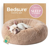 Bedsure camel donut dog bed 30in top view shows plush faux fur warmth for curling
