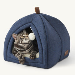 Bedsure 2-in-1 cat cave in navy provides a cozy indoor retreat and 16-inch size.