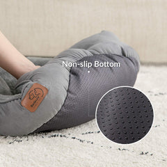 Bedsure round grey dog bed bolster detail showing secure, cushioned neck support.
